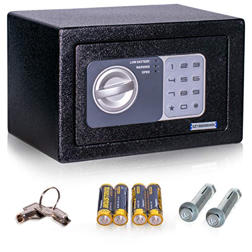 Anadol Tresor Basic, Elektronischer Safe mit Zahlenschloss und Schlüssel, Möbeltresor, Doppelbolzen Verriegelung, Mini Tresor, Wandtresor, Stahl Safe 14,8×22,8×17cm, Gewicht 2,1kg – 4 L Volumen von Anadol