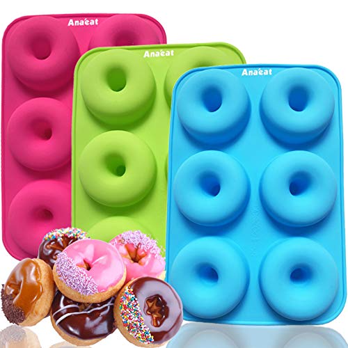 Anaeat 3er-Pack Silikon-Donut-Pfanne, einfach herausspringen! Antihaftbeschichtete Donut-Backformen für Donuts, Muffins, Kuchen, Kekse, Bagels – ofen- und spülmaschinenfest (Mehrfarbig) von Anaeat