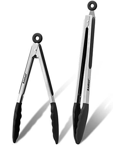 Anaeat Antihaft-Silikonzange 2er-Set - Edelstahlzange 23cm und 30,5cm mit rutschfesten Silikonspitzen und -griffen zum Kochen, Backen und Grillen - strapazierfähig und hitzebeständig (schwarz) von Anaeat