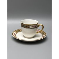 Limoges Vignaud France Demitasse Und Untertasse Set Gold Florales Design, Für L. Bamberger & Co - Art Deco Style Limoges Vignaud France Demitasse Und Untertasse Set Gold Florales Design, Für L. Bamberger & Co - Art Deco Style von Anaforia