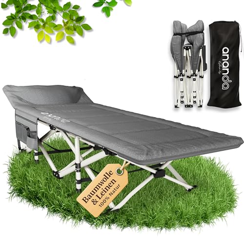 Ananda Goods Feldbett klappbar - Klappbett & Gästebett klappbar, Campingbett faltbar, Reisebett Erwachsene mit Baumwoll-Leinen-Matratze & Bettlaken aus 100% Baumwolle von Ananda Goods