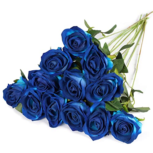 12STK Künstliche Rosen Blumen Realistische Seidenblumen Rosen Bulk Blumenstrauß Dekoration Hochzeitsstrauß Hausgarten Blumenarrangement, Dunkelblau von Anaoo
