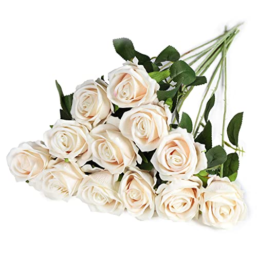 Anaoo 12 STK Künstliche Rosen Blumen Realistische Seidenblumen Rosen Bulk Brautstrauss Blumenstrauß Dekoration Hochzeitsstrauß Party Hausgarten Büro Mittelstücke Dekor Blumenarrangement, Champagne von Anaoo