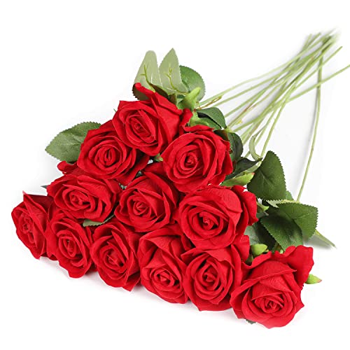 Anaoo 12 STK Künstliche Rosen Blumen Realistische Seidenblumen Rosen Bulk Brautstrauss Blumenstrauß Dekoration Hochzeitsstrauß Party Hausgarten Büro Mittelstücke Dekor Blumenarrangement, Rot von Anaoo