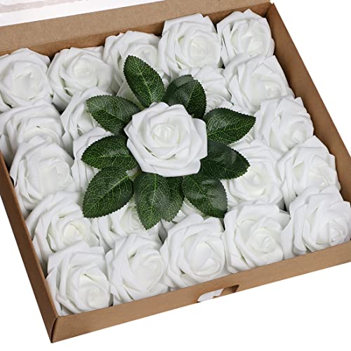 Anaoo Künstliche Rosen Blumen 25 Stück Kunstblumen Deko Schaumrosen Foamrosen Rosenköpfe Gefälschte Kunstrose Rose für DIY Geburtstagsdeko Hochzeitsdeko Blumensträuße Braut Dekoration, Weiss von Anaoo