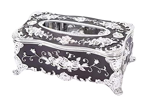 Anawakia Kosmetiktücher Box Tissuebox Taschentuchspender Rose Blumen Muster Kosmetiktücherbox Europäische Tissue Box für Heimhotel (Schwarz+Silber) von Anawakia