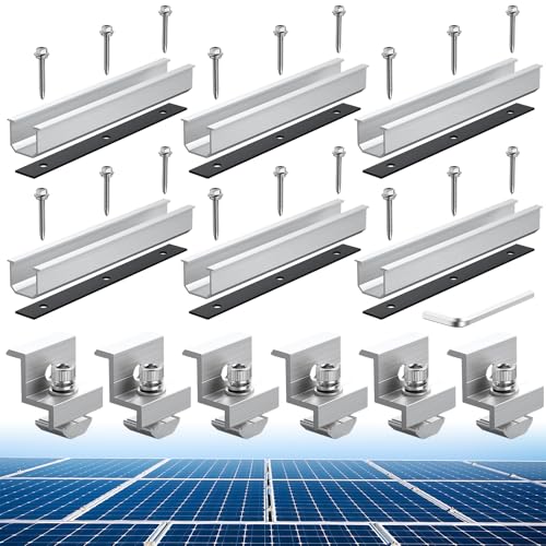 Anbte Solarmodul Halterung Kit, 6 Stück 200mm Kurzschiene aus Aluminium inkl. 6pcs Endklemme für Modulhöhe 30MM/35MM, 6pcs Gummipads, 18pcs Schrauben, Solarpanel Flachdach Befestigung Set von Anbte