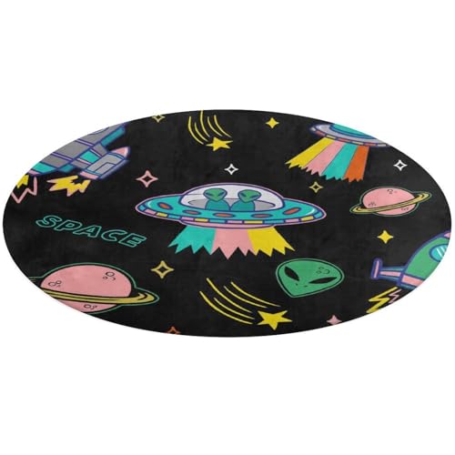 23,6 Zoll runde Teppich-Fußmatte, rutschfeste Fußmatte für den Boden, Fußmatten für die Vordertür, Teppiche, Fußmatten für den Außen- oder Innenbereich, bedruckt mit Cartoon-Motiven, buntem UFO, Alien von Anceky