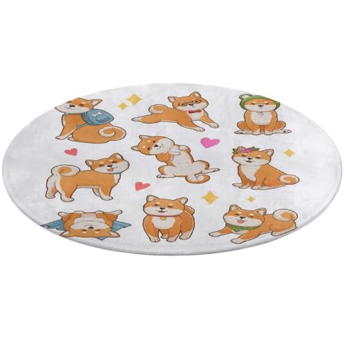 31,4 Zoll runde Teppich-Fußmatte, rutschfeste Fußmatte für den Boden, Fußmatten für die Vordertür, Teppiche, Fußmatten für den Außen- oder Innenbereich, Aufdruck: Lustige orange Shiba Inu-Hunde in ver von Anceky