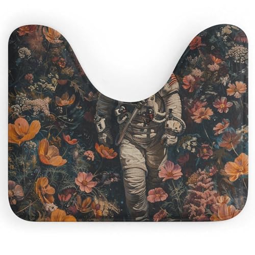 Badematte mit Astronauten- und Blumenmotiv, U-förmiger Toilettenteppich, rutschfest, schnelltrocknend – super saugfähig, 40,6 x 50,8 cm, ultradünne Bodenmatten für Badezimmer, Schlafzimmer, Wohnzimmer von Anceky