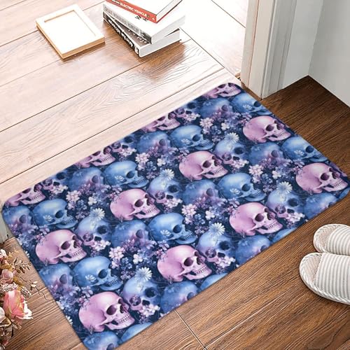 Badezimmerteppich mit rosa Totenkopf-Blumendruck, rutschfest, waschbar, 40,6 x 61 cm, Badematte, Badteppiche für Badezimmerdekor, weiche Bodentürmatte, Küchenteppiche, waschbarer Teppich für die Badew von Anceky