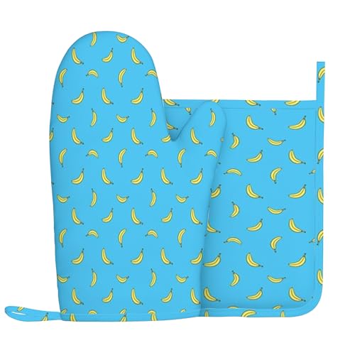 Bananenmotiv, Ofenhandschuhe und Topflappen-Sets, Banane fällt vom Himmel, hitzebeständiges Küchenhandschuh-Set aus Silikon zum Grillen, Gelb und Blau, rechte Hand von Anceky