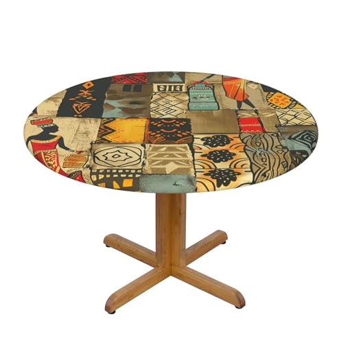 Bunte runde Tischdecke mit elastischem Rand für afrikanische Frauen, ägyptischer Ethno-Stil, dehnbare Tischdecke für 101,6–111,8 cm große Tische, wasserdichter Schutz für Essenspartys im Innen- und Au von Anceky