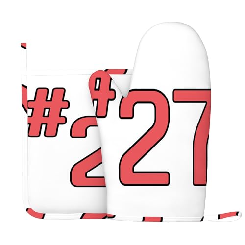 Design Nr. 32, Ofenhandschuhe und Topflappen-Sets, Teamnummer 32, hitzebeständiges Küchenhandschuh-Set aus Silikon zum Grillen und Backen, Rot und Schwarz, Rechte Hand von Anceky