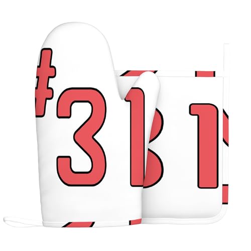 Design Nr. 32, Ofenhandschuhe und Topflappen-Sets, Teamnummer 32, hitzebeständiges Küchenhandschuh-Set aus Silikon zum Grillen und Backen, Rot und Schwarz, Rechte Hand von Anceky