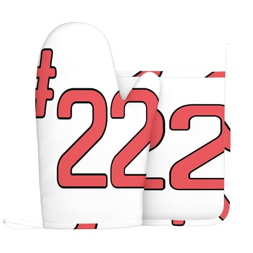 Design Nr. 32, Ofenhandschuhe und Topflappen-Sets, Teamnummer 32, hitzebeständiges Küchenhandschuh-Set aus Silikon zum Grillen und Backen, Rot und Schwarz, Rechte Hand von Anceky