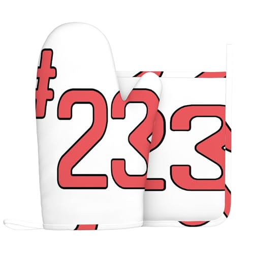 Design Nr. 32, Ofenhandschuhe und Topflappen-Sets, Teamnummer 32, hitzebeständiges Küchenhandschuh-Set aus Silikon zum Grillen und Backen, Rot und Schwarz, Rechte Hand von Anceky