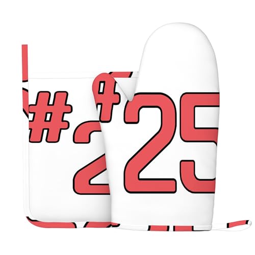 Design Nr. 32, Ofenhandschuhe und Topflappen-Sets, Teamnummer 32, hitzebeständiges Küchenhandschuh-Set aus Silikon zum Grillen und Backen, Rot und Schwarz, Rechte Hand von Anceky