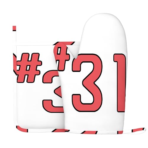 Design Nr. 32, Ofenhandschuhe und Topflappen-Sets, Teamnummer 32, hitzebeständiges Küchenhandschuh-Set aus Silikon zum Grillen und Backen, Rot und Schwarz, Rechte Hand von Anceky