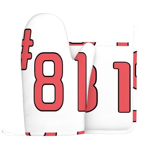 Design Nr. 85, Ofenhandschuhe und Topflappen-Sets, Teamnummer 85, hitzebeständiges Küchenhandschuh-Set aus Silikon zum Grillen und Backen, Rot und Schwarz, Linke Hand von Anceky