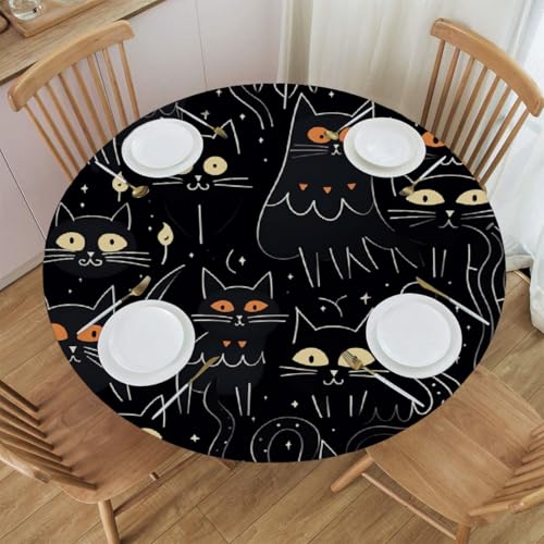 Elastische runde Tischdecke mit lustigem Katzen-Doodle-Motiv – wasserdichte, angepasste Tischdecke für 48 x 48 Zoll große Tische, dehnbares Polyestergewebe mit Anti-Rutsch-Design von Anceky