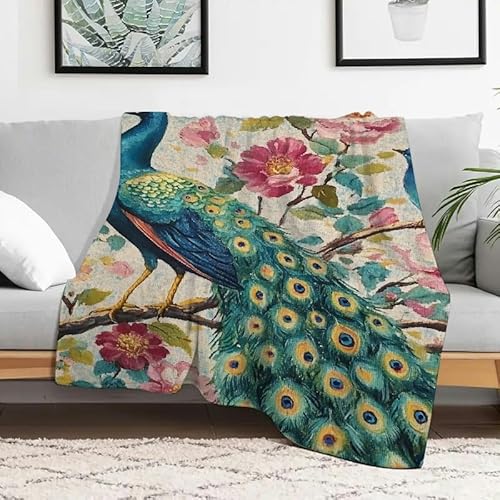 Flanelldecke mit Pfauenblumen und Blauvogel, weiche, warme, leichte Decke für Sofa, Bett, Reisen, Camping, Mehrzweckgeschenk, 101,6 x 127 cm von Anceky