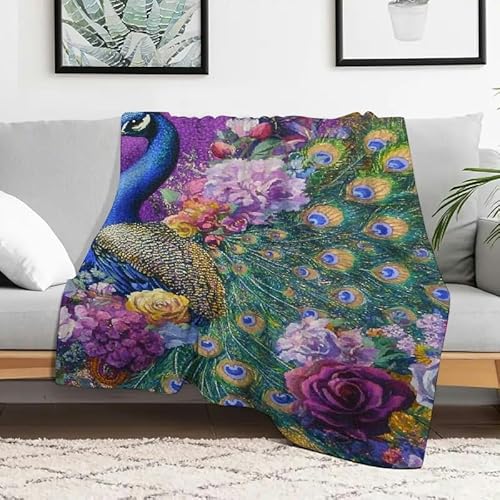Flanelldecke mit Pfauenblumen und Federn, leichte, weiche und warme Decke für Couch, Bett, Reisen, Camping, Mehrzweckgeschenk, 127 x 152 cm von Anceky
