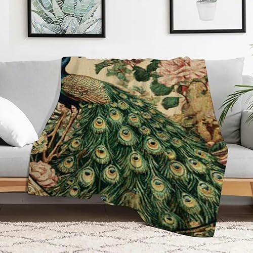 Flanelldecke mit Pfauenblumen und Jugendstilmotiv, weich, warm, gemütlich, Mehrzweckdecke für Sofa, Reisen, Camping, Bett, Stuhl, 127 x 152 cm von Anceky