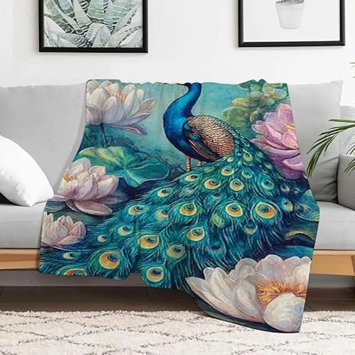 Flanelldecke mit Pfauenblumen und Seerosen, weich, warm, gemütlich, dekorative Decke für Sofa, Reisen, Camping, Bett, Stuhl, 101,6 x 127 cm von Anceky