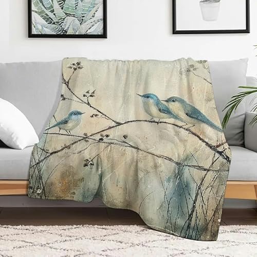 Flanelldecke mit Vögeln, Zweigen und Blumen, weich, warm, strapazierfähig, Mehrzweckdecke für Sofa, Reisen, Camping, Bett, Stuhl, 127 x 152 cm von Anceky
