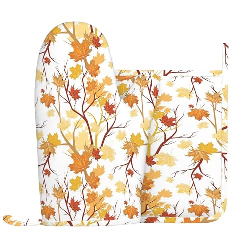 Herbstmotiv, Ofenhandschuhe und Topflappen-Sets, Naturbild mit wirbelnden Herbstblättern, hitzebeständiges Küchenhandschuh-Set aus Silikon zum Grillen und Backen, Gelb-Orange, rechte Hand von Anceky