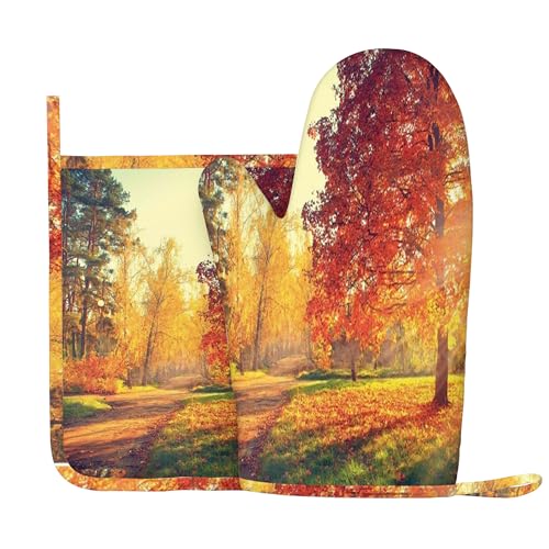 Herbstmotiv, Ofenhandschuhe und Topflappen-Sets, Naturbild mit wirbelnden Herbstblättern, hitzebeständiges Küchenhandschuh-Set aus Silikon zum Grillen und Backen, Gelb-Orange, rechte Hand von Anceky
