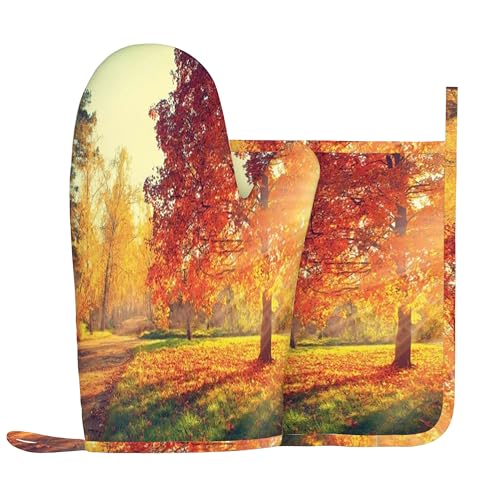 Herbstmotiv, Ofenhandschuhe und Topflappen-Sets, Naturbild mit wirbelnden Herbstblättern, hitzebeständiges Küchenhandschuh-Set aus Silikon zum Grillen und Backen, Gelb-Orange, rechte Hand von Anceky
