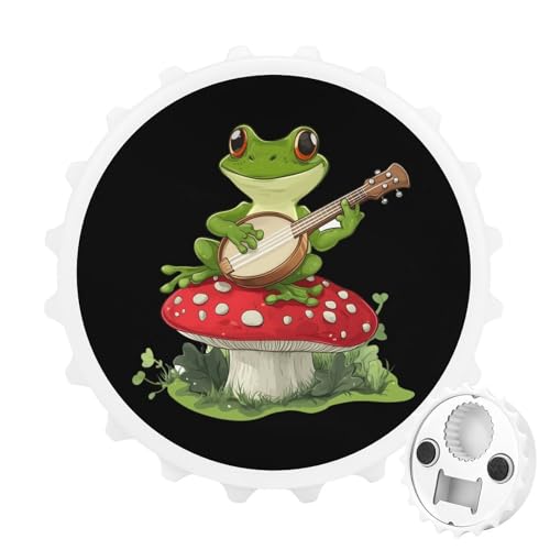 Kühlschrankmagnete mit Frosch, der Banjo auf Pilzen spielt, rund, magnetisch, lustiger Flaschenöffner für Zuhause, Küche, Büro, Weiß Kühlschrankmagnete mit Frosch, der Banjo auf Pilzen spielt, rund, magnetisch, lustiger Flaschenöffner für Zuhause, Küche, Büro, Weiß von Anceky