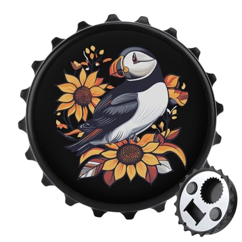 Kühlschrankmagnete mit Papageientaucher-Vogel und Sonnenblume, rund, magnetisch, lustiger Flaschenöffner für Zuhause, Küche, Büro, Schwarz Kühlschrankmagnete mit Papageientaucher-Vogel und Sonnenblume, rund, magnetisch, lustiger Flaschenöffner für Zuhause, Küche, Büro, Schwarz von Anceky