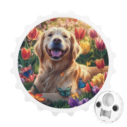 Kühlschrankmagnete mit Retriever-Motiv, sitzend in Tulpenblumen, rund, magnetisch, lustiger Flaschenöffner für Zuhause, Küche, Büro, Weiß Kühlschrankmagnete mit Retriever-Motiv, sitzend in Tulpenblumen, rund, magnetisch, lustiger Flaschenöffner für Zuhause, Küche, Büro, Weiß von Anceky