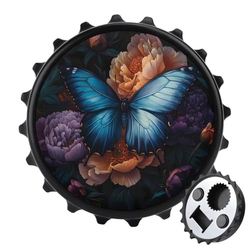 Kühlschrankmagnete mit blauem Schmetterling und Pfingstrose, Blumenmuster, rund, magnetisch, lustiger Flaschenöffner für Zuhause, Küche, Büro, Schwarz von Anceky