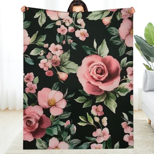 Leichte Flanelldecke, rosa Blumen, grüne Blätter, Rokoko, weich, warm, maschinenwaschbar, vielseitig einsetzbar für Sofa, Reisen, Camping, Bett, Stuhl, 127 x 152 cm Leichte Flanelldecke, rosa Blumen, grüne Blätter, Rokoko, weich, warm, maschinenwaschbar, vielseitig einsetzbar für Sofa, Reisen, Camping, Bett, Stuhl, 127 x 152 cm von Anceky