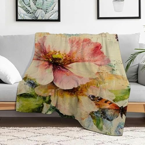 Leichte Flanelldecke mit Blumen- und Schmetterlingsmalerei, weiche, warme Mehrzweck-Geschenkdecke für Sofa, Reisen, Camping, Bett, Stuhl, 101,6 x 127 cm von Anceky