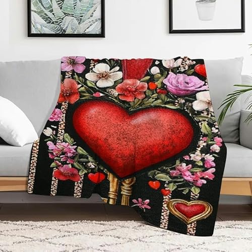 Leichte Flanelldecke mit Herz-Schlüssel-Blumen, weiche, warme Mehrzweck-Geschenkdecke für Sofa, Reisen, Camping, Bett, Stuhl, 101,6 x 127 cm von Anceky