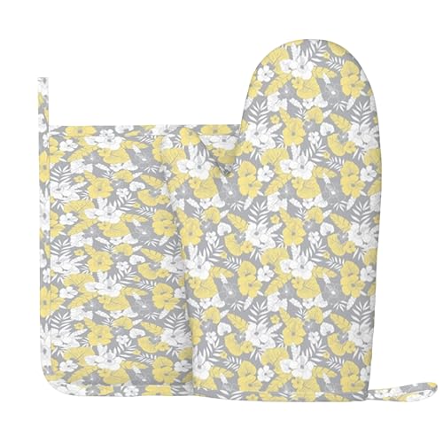 Libellenmuster, Ofenhandschuhe und Topflappen-Sets, Gras mit Wildblumen-Aufdruck, hitzebeständiges Silikon-Küchenhandschuh-Set zum Grillen und Backen, Grün, Rechte Hand von Anceky