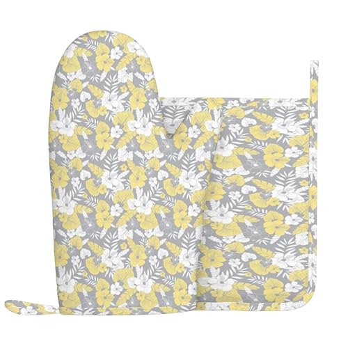 Libellenmuster, Ofenhandschuhe und Topflappen-Sets, Gras mit Wildblumen-Aufdruck, hitzebeständiges Silikon-Küchenhandschuh-Set zum Grillen und Backen, Grün, Rechte Hand von Anceky