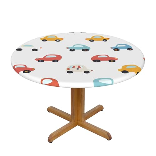 Runde Tischdecke mit Cartoon-Auto-Muster und elastischem Rand, niedliche Dehnbare Tischdecke für 40-44 Zoll große Tische, wasserdichter Schutz für Essenspartys im Innen- und Außenbereich von Anceky