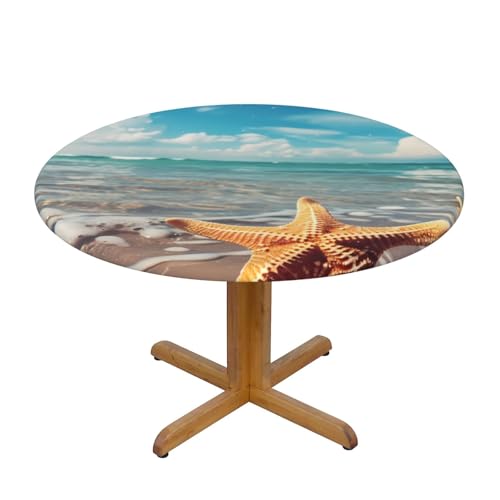 Runde Tischdecke mit Meeresstrand und en, mit elastischem Rand, Dehnbare Tischdecke mit Motiv für 40-44 Zoll große Tische, wasserdichter Schutz für Essenspartys im Innen- und Außenbereich von Anceky