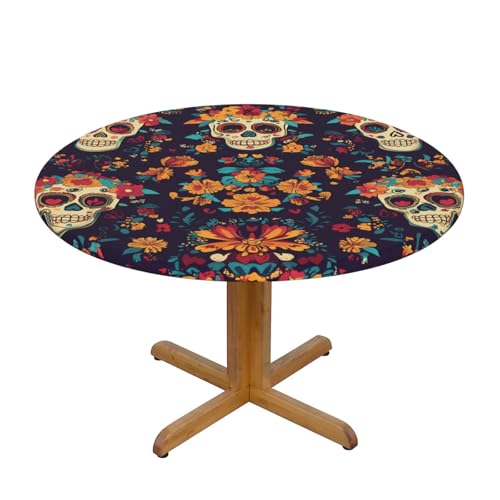 Runde Tischdecke mit Skelettblume und elastischem Rand, mexikanische Totenkopfblume, Dehnbare Tischdecke für 45-50 Zoll große Tische, wasserdichter Schutz für Essenspartys im Innen- und Außenbereich Runde Tischdecke mit Skelettblume und elastischem Rand, mexikanische Totenkopfblume, Dehnbare Tischdecke für 45-50 Zoll große Tische, wasserdichter Schutz für Essenspartys im Innen- und Außenbereich von Anceky