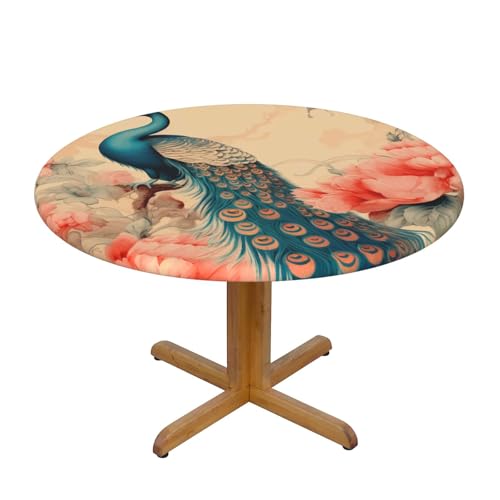 Runde Tischdecke mit Vintage-Pfauenmotiv und elastischem Rand, Dehnbare Tischdecke mit Retro-Pfingstrosen-Blumenmuster für 40-44 Zoll große Tische, wasserdichter Schutz für Essenspartys im Innen- und Runde Tischdecke mit Vintage-Pfauenmotiv und elastischem Rand, Dehnbare Tischdecke mit Retro-Pfingstrosen-Blumenmuster für 40-44 Zoll große Tische, wasserdichter Schutz für Essenspartys im Innen- und von Anceky