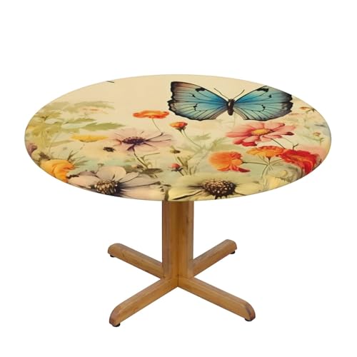 Runde Tischdecke mit Vintage-Schmetterlingsblumenmuster und elastischem Rand, dehnbare Tischdecke mit Gänseblümchen-Blumenmuster für 45-50 Zoll große Tische, wasserdichter Schutz für Essenspartys im I von Anceky
