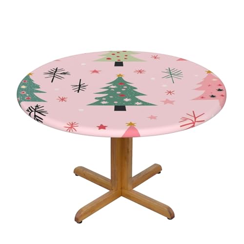 Runde Tischdecke mit Weihnachtsbaum und Schnee, mit elastischem Rand, dehnbare Tischdecke mit Cartoon-Motiv für 45-50 Zoll große Tische, wasserdichter Schutz für Essenspartys im Innen- und Außenbereic von Anceky