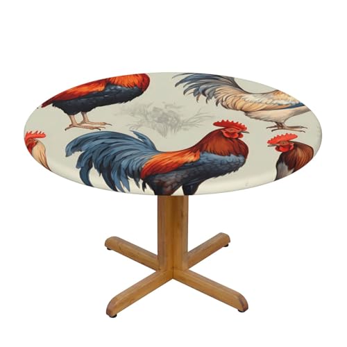 Runde Tischdecke mit elastischem Rand im Farmhouse-Stil mit Hahn, Vintage-Huhn, Dehnbare Tischdecke für 40-44 Zoll große Tische, wasserdichter Schutz für Essenspartys im Innen- und Außenbereich von Anceky