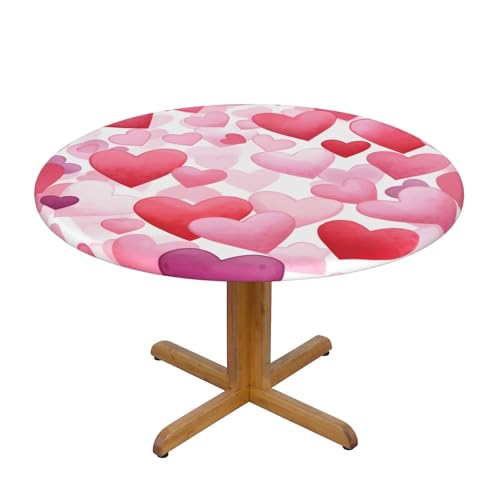 Runde Tischdecke mit rosa Liebesherzen und elastischem Rand, Dehnbare Valentinstag-Tischdecke für 40-44 Zoll große Tische, wasserdichter Schutz für Essenspartys im Innen- und Außenbereich von Anceky